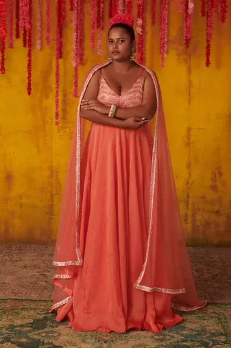 Coral Orange Embellished Anarkali Set