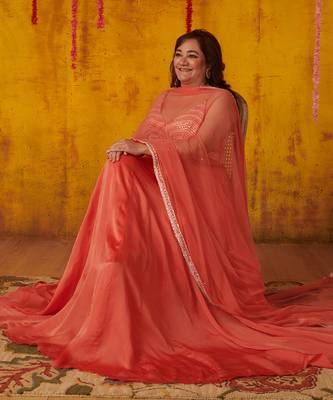 Coral Orange Embellished Anarkali Set 3