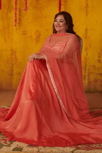 Coral Orange Embellished Anarkali Set