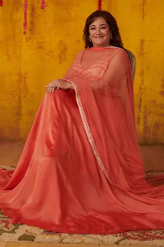 Coral Orange Embellished Anarkali Set