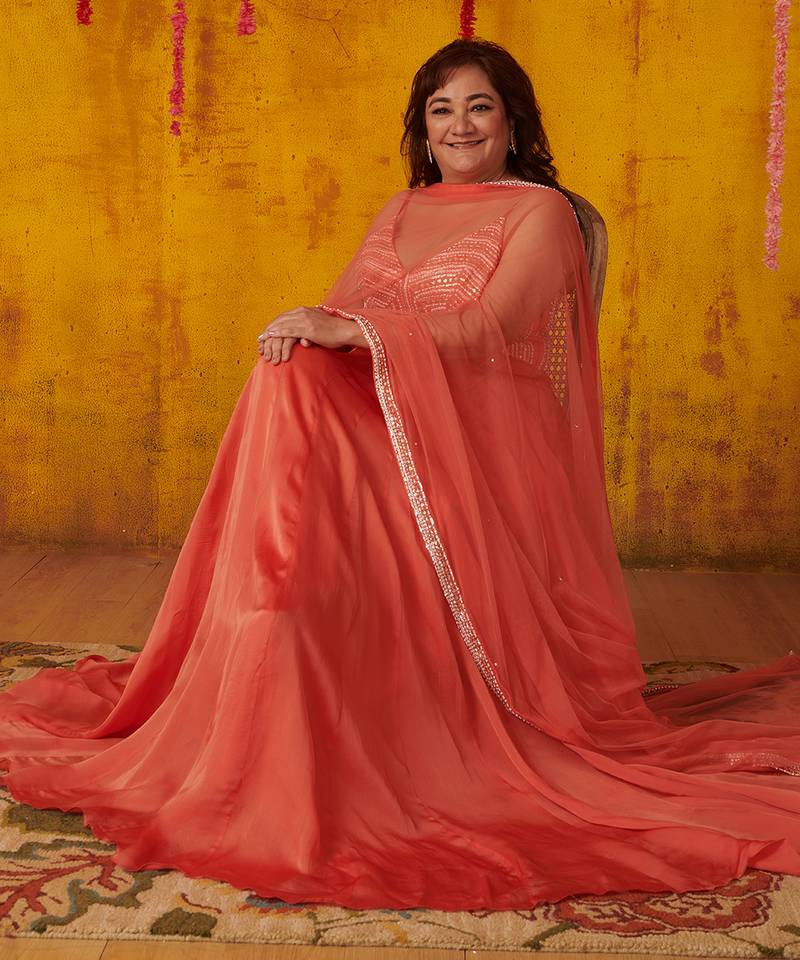 Coral Orange Embellished Anarkali Set