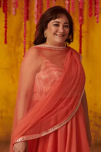 Coral Orange Embellished Anarkali Set