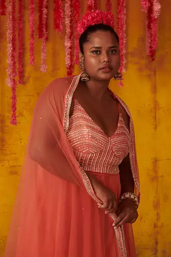 Coral Orange Embellished Anarkali Set