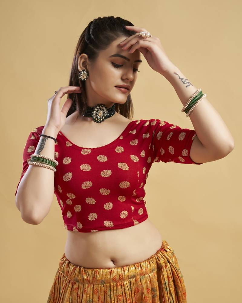 HIMALAY FASHION Roud Neck Printed Red Color Half SleeveBlouse.