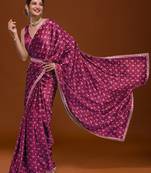 Wine Colour Japan Satin Silk With Embroidery Lace Printed Saree