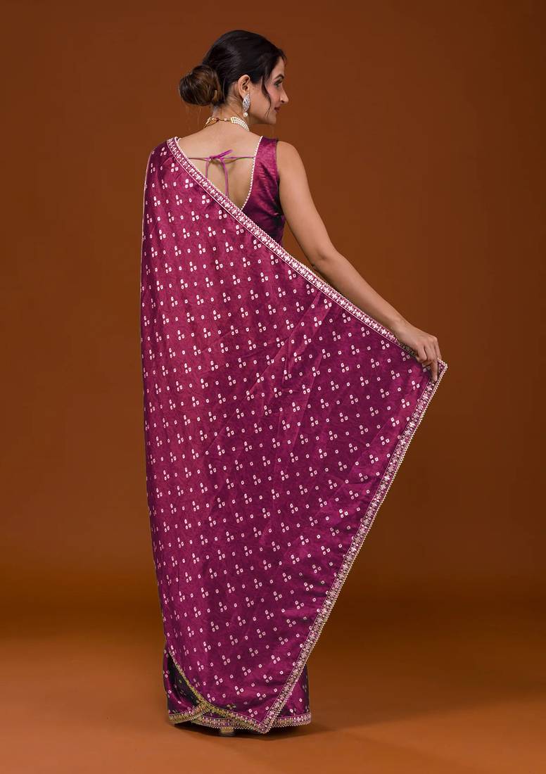 Wine Colour Japan Satin Silk With Embroidery Lace Printed Saree