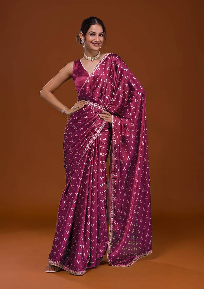 Wine Colour Japan Satin Silk With Embroidery Lace Printed Saree