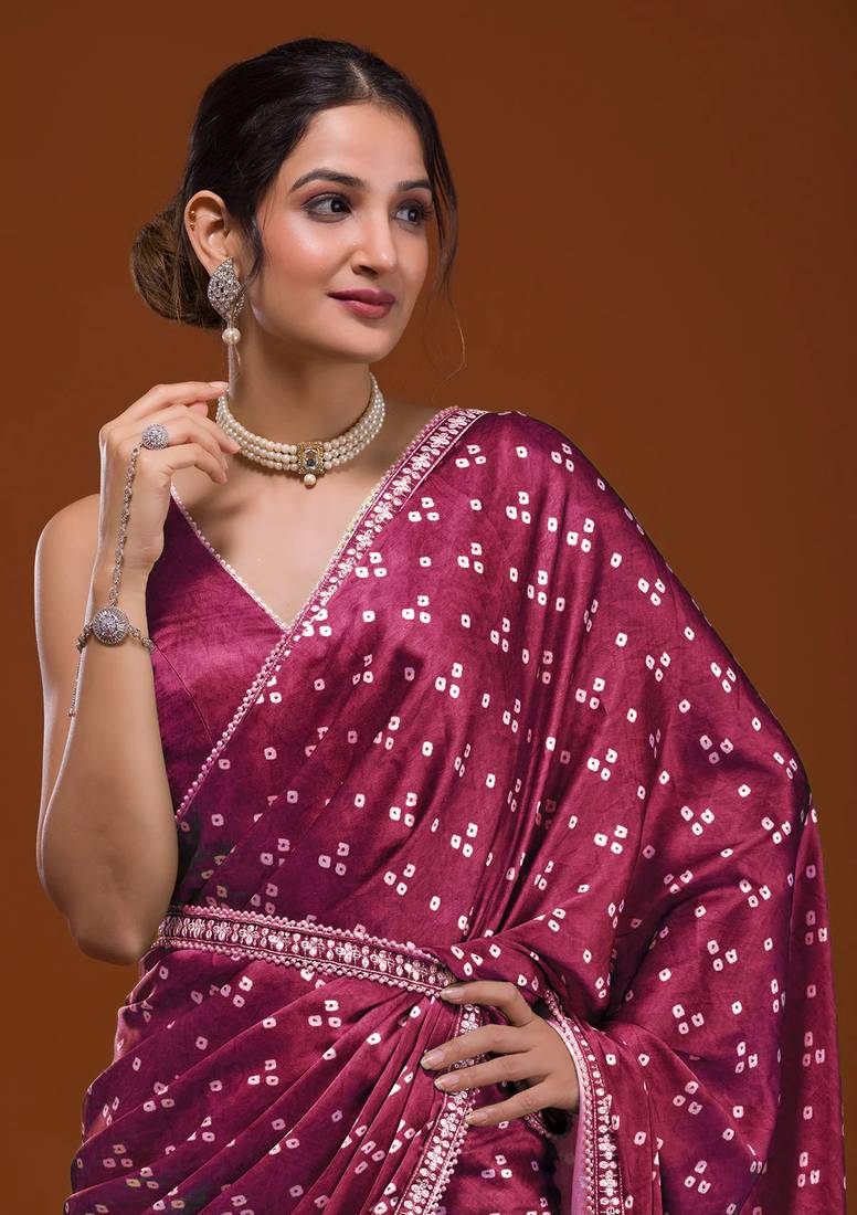 Wine Colour Japan Satin Silk With Embroidery Lace Printed Saree