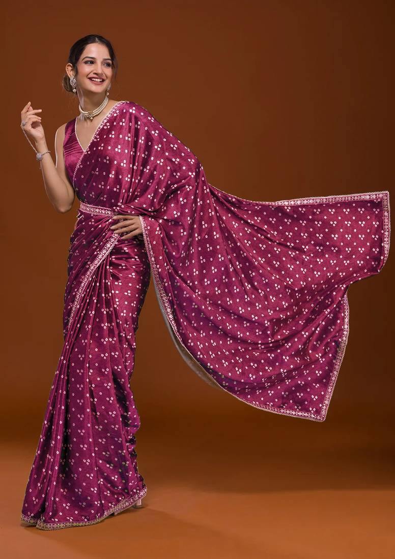 Wine Colour Japan Satin Silk With Embroidery Lace Printed Saree