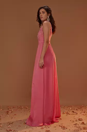 SIMON PINK HALTER NECK JUMPSUIT WITH OVERLAY
