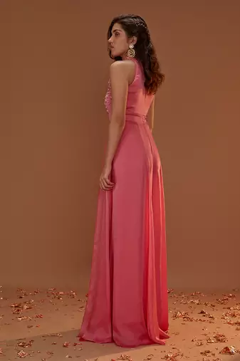 SIMON PINK HALTER NECK JUMPSUIT WITH OVERLAY
