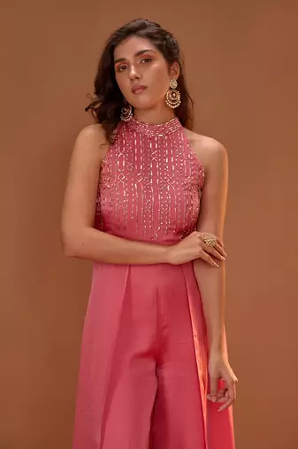 SIMON PINK HALTER NECK JUMPSUIT WITH OVERLAY