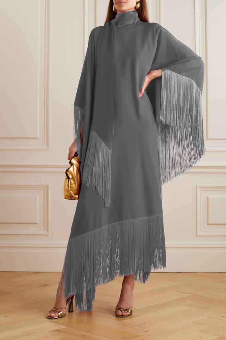 Beige High Neck Style Fringed Kaftans