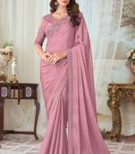 Onion pink embroidered silk saree with blouse