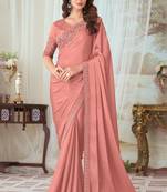 Salmon embroidered silk saree with blouse