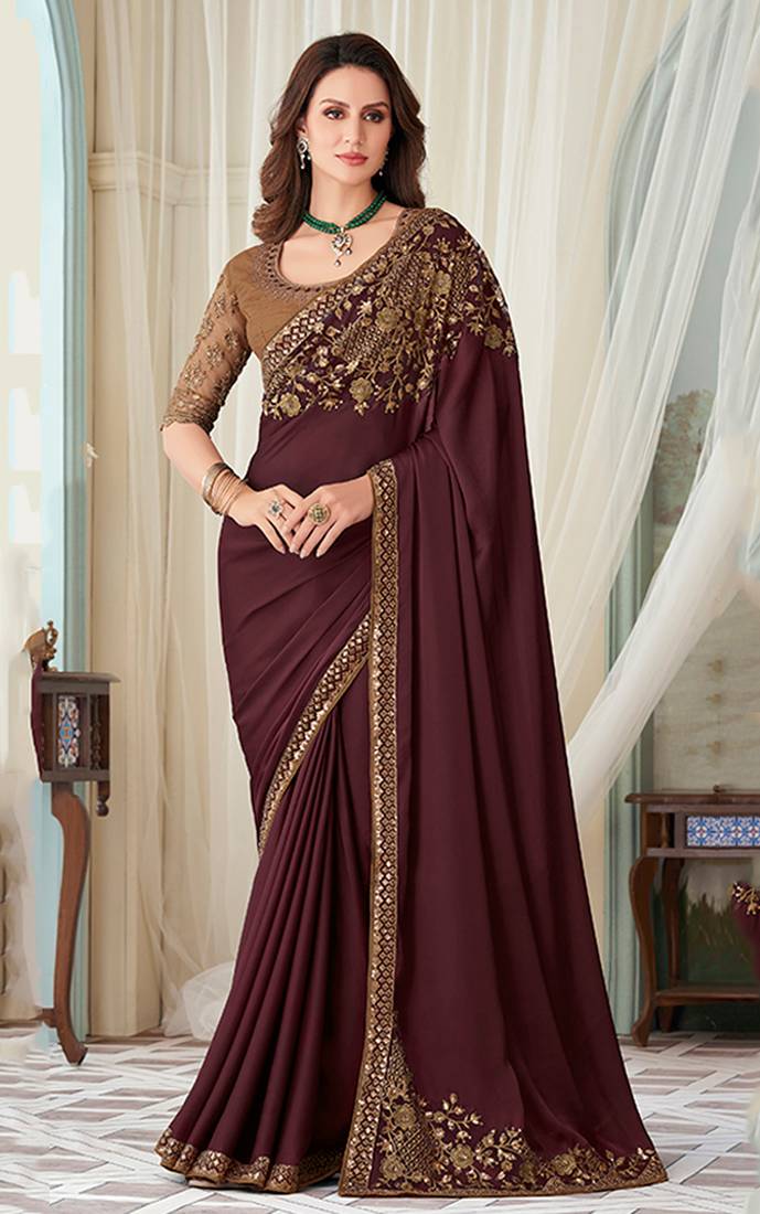 Maroon embroidered silk saree with blouse