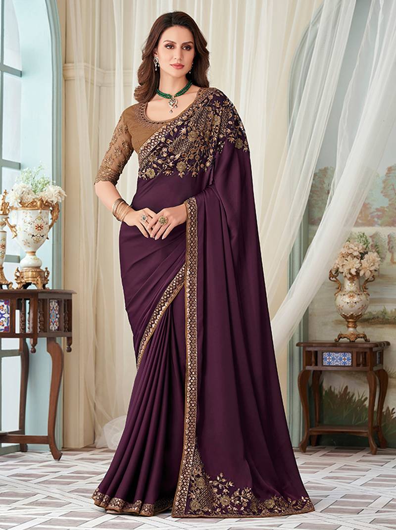Wine embroidered silk saree with blouse