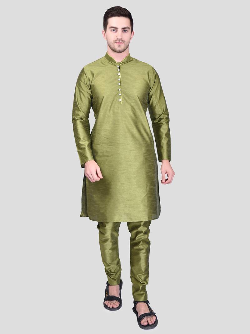 PRINTCULTR Men's Silk Traditional Kurta Pyjama Set | Regular Long Sleeve, Straight, Knee Length  Neck Solid Kurta