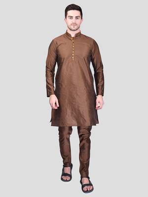 PRINTCULTR Men's Silk Traditional Kurta Pyjama Set | Regular Long Sleeve, Straight, Knee Length  Neck Solid Kurta 1