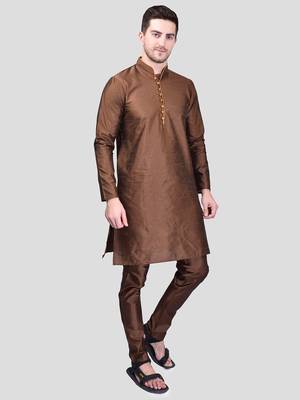 PRINTCULTR Men's Silk Traditional Kurta Pyjama Set | Regular Long Sleeve, Straight, Knee Length  Neck Solid Kurta 3