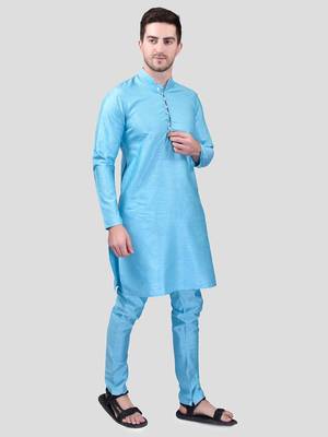PRINTCULTR Men's Silk Traditional Kurta Pyjama Set | Regular Long Sleeve, Straight, Knee Length  Neck Solid Kurta 3