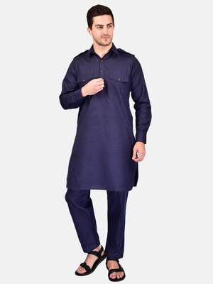 PRINTCULTR Men's Traditional Cotton Blend Pathani Suit Set | Regular Long Sleeve, Straight, Knee LengthSolid Kurta 1