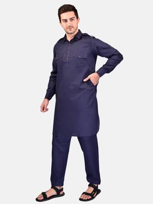 PRINTCULTR Men's Traditional Cotton Blend Pathani Suit Set | Regular Long Sleeve, Straight, Knee LengthSolid Kurta 2