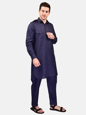 PRINTCULTR Men's Traditional Cotton Blend Pathani Suit Set | Regular Long Sleeve, Straight, Knee LengthSolid Kurta 3
