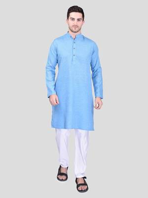 PRINTCULTR Men's Cotton Traditional Kurta Pyjama Set | Regular Long Sleeve, Straight, Knee Length  Neck Solid Kurta 1