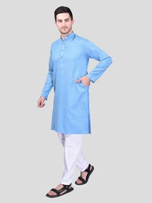 PRINTCULTR Men's Cotton Traditional Kurta Pyjama Set | Regular Long Sleeve, Straight, Knee Length  Neck Solid Kurta 2