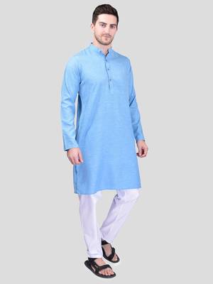 PRINTCULTR Men's Cotton Traditional Kurta Pyjama Set | Regular Long Sleeve, Straight, Knee Length  Neck Solid Kurta 3