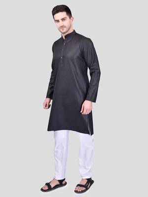 PRINTCULTR Men's Cotton Traditional Kurta Pyjama Set | Regular Long Sleeve, Straight, Knee Length  Neck Solid Kurta 2