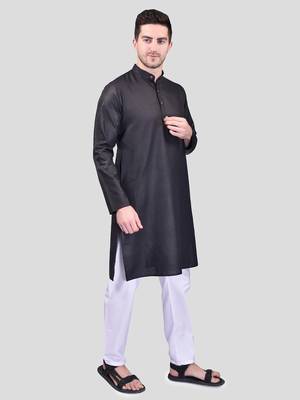 PRINTCULTR Men's Cotton Traditional Kurta Pyjama Set | Regular Long Sleeve, Straight, Knee Length  Neck Solid Kurta 3