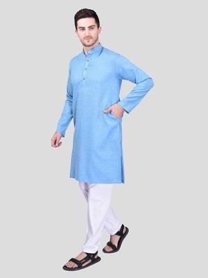 PRINTCULTR Men's Cotton Traditional Kurta Pyjama Set | Regular Long Sleeve, Straight, Knee Length  Neck Solid Kurta 7