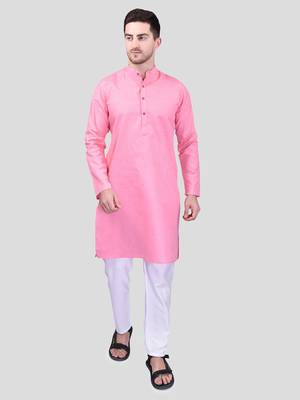 PRINTCULTR Men's Cotton Traditional Kurta Pyjama Set | Regular Long Sleeve, Straight, Knee Length  Neck Solid Kurta 1