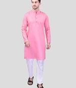 PRINTCULTR Men's Cotton Traditional Kurta Pyjama Set | Regular Long Sleeve, Straight, Knee Length  Neck Solid Kurta