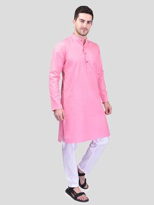 PRINTCULTR Men's Cotton Traditional Kurta Pyjama Set | Regular Long Sleeve, Straight, Knee Length  Neck Solid Kurta 3