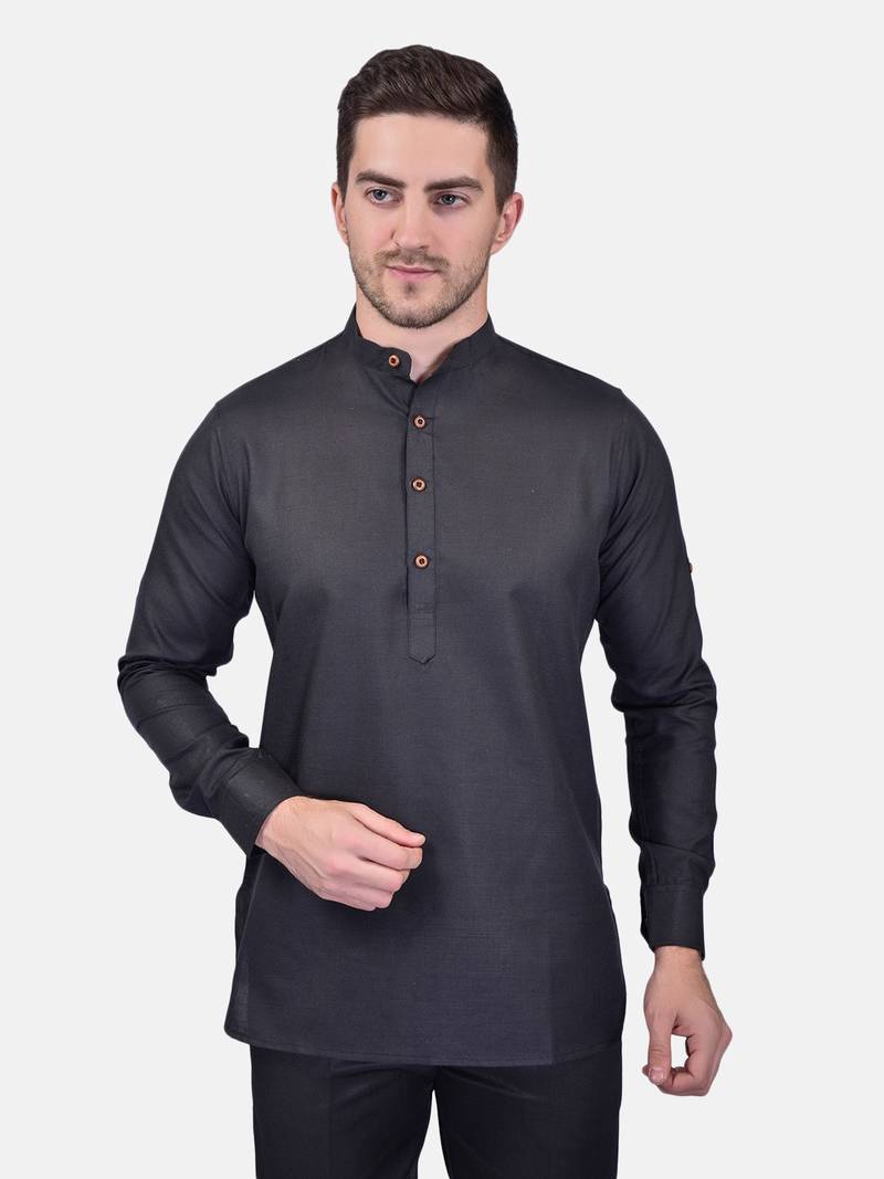 PRINTCULTR Men's Cotton Blend Traditional Designer Solid Color Short Kurta Regular Long Sleeve, Straight,Solid Kurta