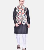 PRINTCULTR Men's Cotton Traditional Kurta Pyjama Set with Nehru Jacket | Regular Long Sleeve, Straight, Solid Kurta