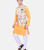 PRINTCULTR Men's Cotton Traditional Kurta Pyjama Set with Nehru Jacket | Regular Long Sleeve, Straight, Solid Kurta