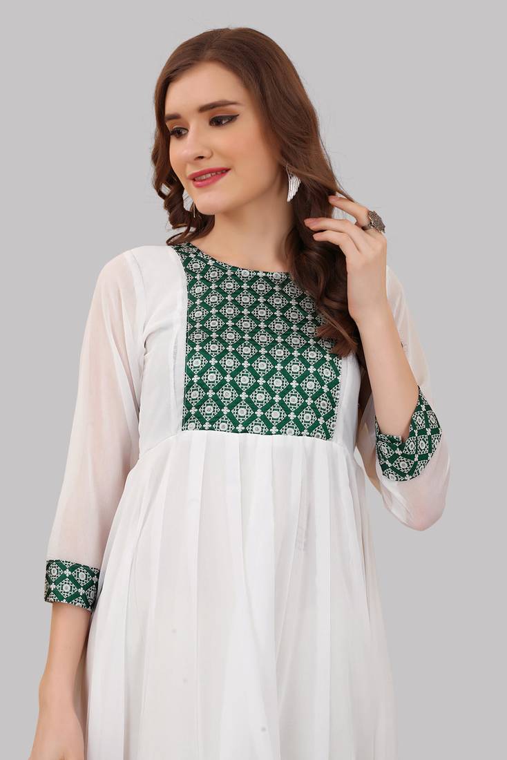 White embroidered georgette party-wear-kurtis