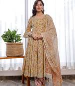 Yellow printed cotton kurtas-and-kurtis