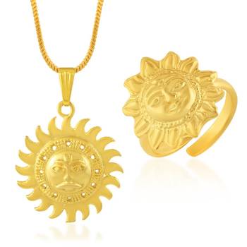 Brass Goldplated Surya Dev Sun design chain pendant and Adjustable Finger ring 1