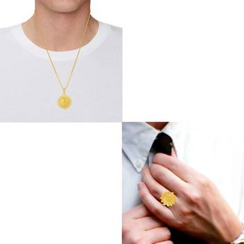 Brass Goldplated Surya Dev Sun design chain pendant and Adjustable Finger ring 2