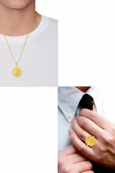 Brass Goldplated Surya Dev Sun design chain pendant and Adjustable Finger ring