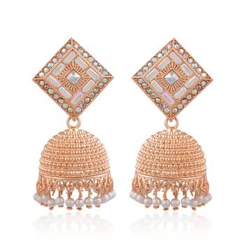 Brass Pink Rose Goldplated Kundan Rasrawa Traditional Jhumki Earrings 1