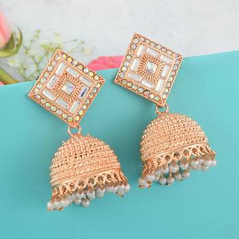 Brass Pink Rose Goldplated Kundan Rasrawa Traditional Jhumki Earrings 3