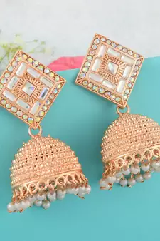 Brass Pink Rose Goldplated Kundan Rasrawa Traditional Jhumki Earrings