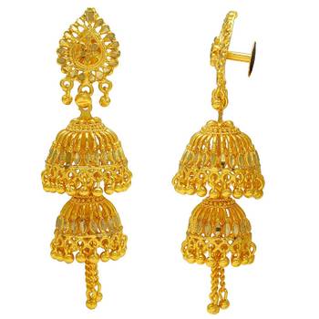 24KT Gold Plated Faux Kundan Mirror Work Double Umbrella Chandelier Long Jhumki 2