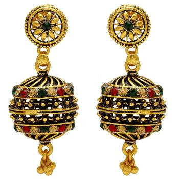 Gold Plated Antique Finish Drum Dholki Shape Rondell, Designer Exclusive Ethnic Jhumki 1